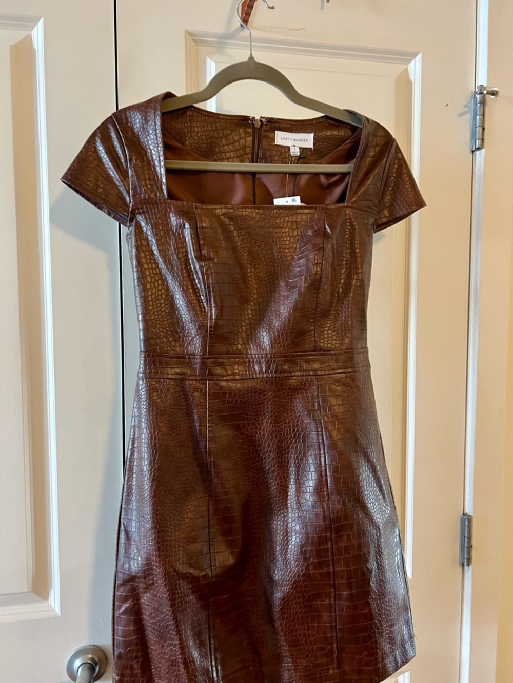 Lost + Wander Chocolate Brown Croc-Embossed Square-Neck Mini Dress